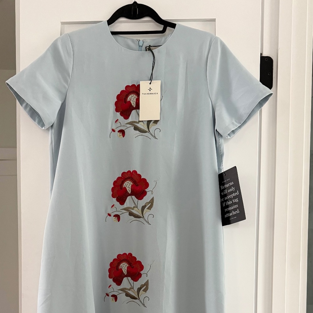 NWT Tuckernuck light blue dress with embroidered red flowers